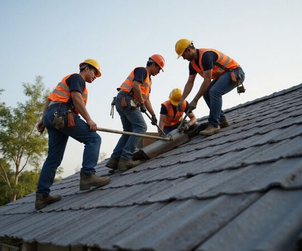 Roofing Man team working on a roof repair project