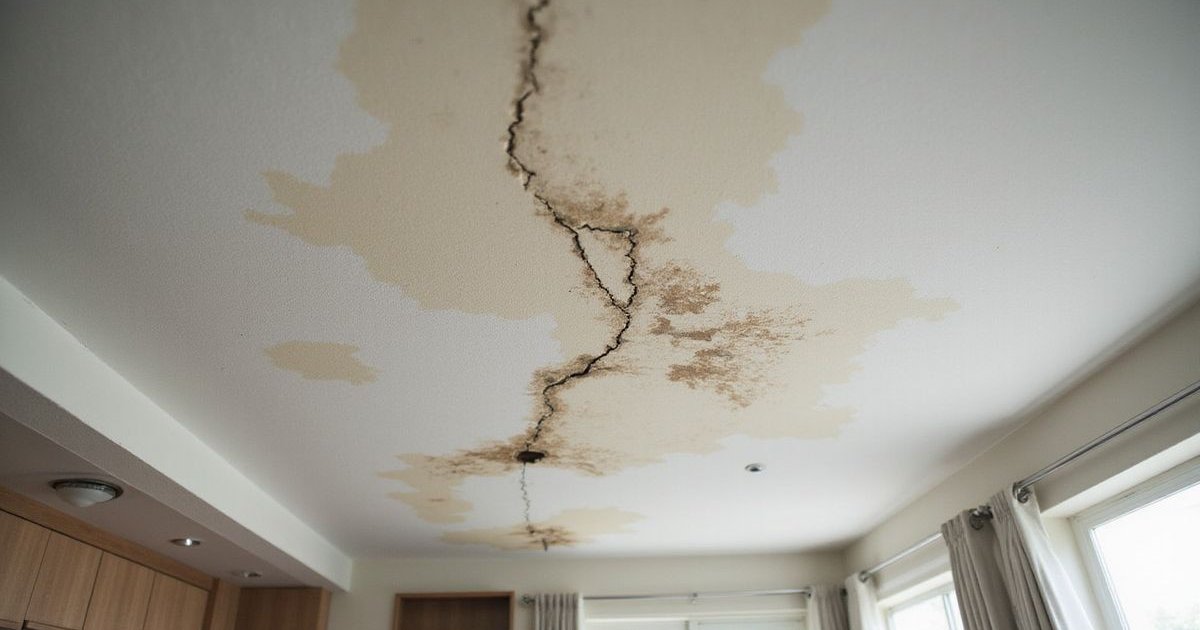 Water stains on ceiling indicating roof leak